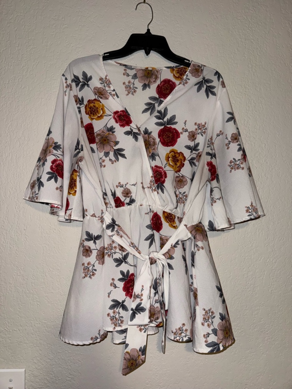 Floral Wrap Peplum Womens Tie Waist Blouse Shirt Top Cream Red Flowers 2XL